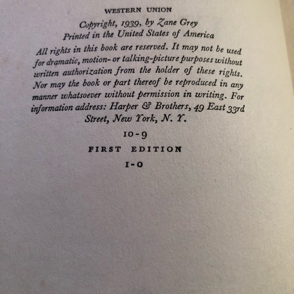 8818 BOOK Western Union by Zane Grey 1939 First Edition Hard Cover.  English. - Picture 8 of 9